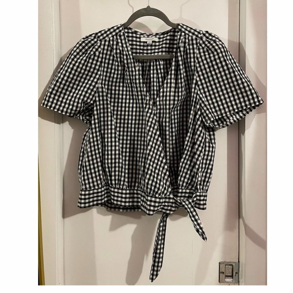 Madewell Short-Sleeve Wrap Top in Gingham Check- Size XL